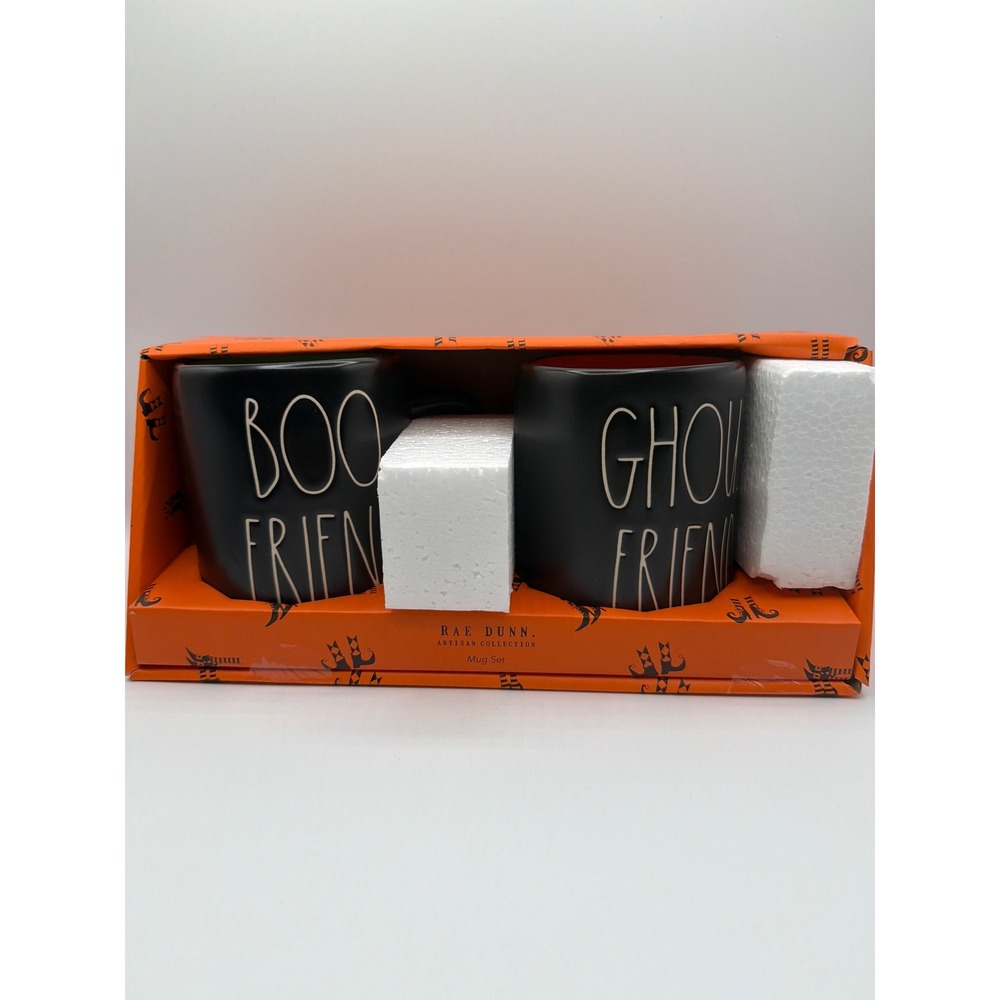 Rae Dunn BOO FRIEND GHOUL FRIEND Halloween Mug Set Black Boxed